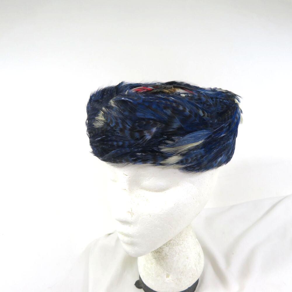 Valerie Modes Pheasant Hat, Genuine Feather, Multicolor Sz M? PillBox 1960s